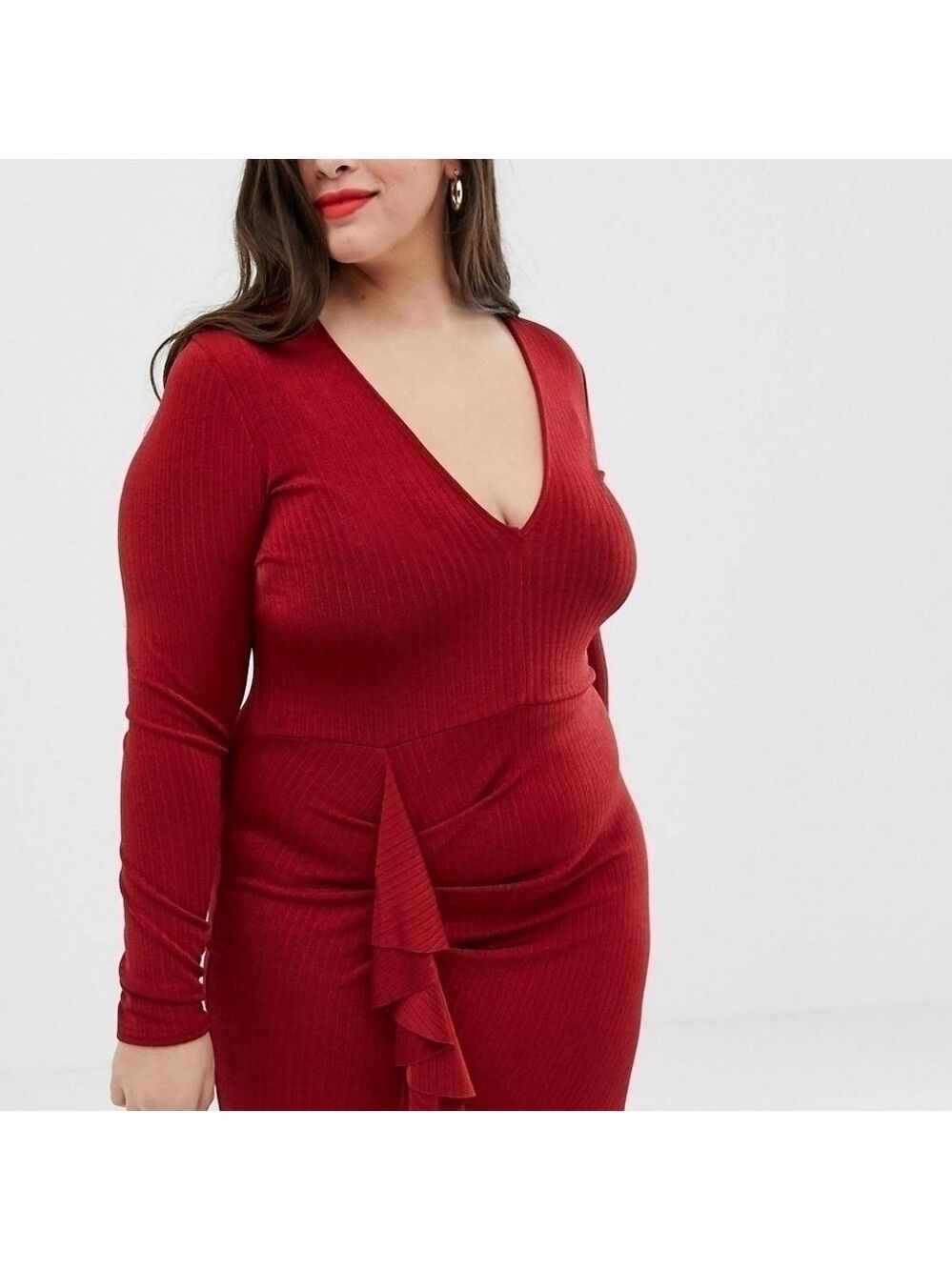 22 • ASOS Curve • Plunge Mini Long Sleeve Dress with Ruffle Detail